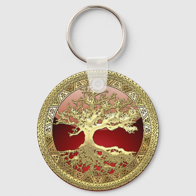 [90] Golden Celtic Tree of Life [3D] Key Ring (Front)