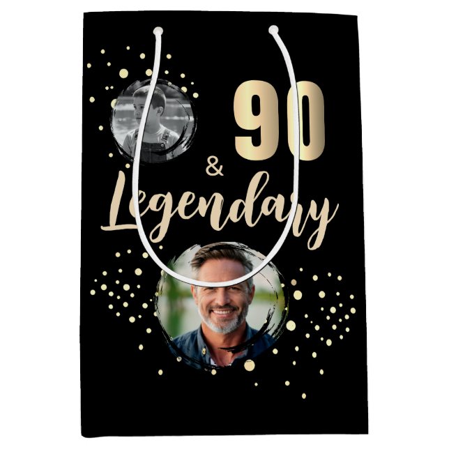 90 & Legendary 2 Photos 90th Birthday Gold Medium Gift Bag (Front)
