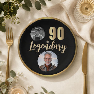 90 & Legendary 2 Photos 90th Birthday Gold Paper Plate