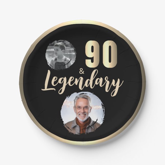 90 & Legendary 2 Photos 90th Birthday Gold Paper Plate (Front)