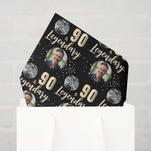 90 & Legendary 2 Photos 90th Birthday Gold Tissue Paper (Gift Bag)