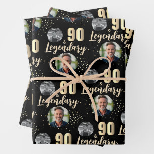 90 & Legendary 2 Photos 90th Birthday Gold Wrapping Paper Sheet