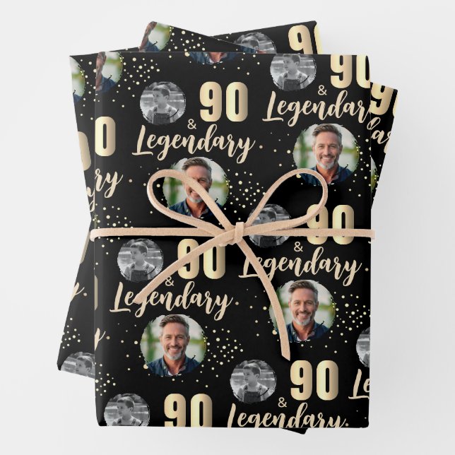90 & Legendary 2 Photos 90th Birthday Gold Wrapping Paper Sheet (In situ)
