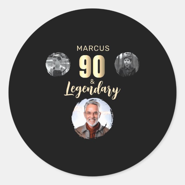 90 Legendary 3 Photos Gold 90th Birthday  Classic Round Sticker (Front)