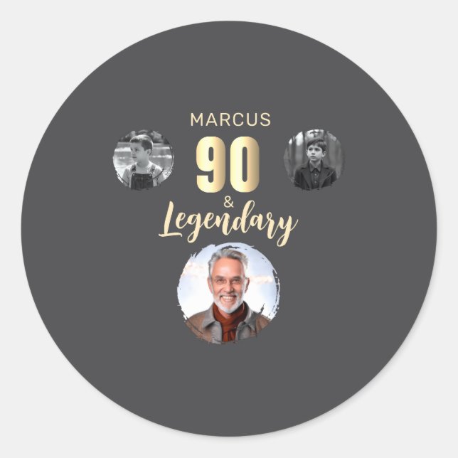 90 Legendary 3 Photos Gold 90th Birthday  Classic Round Sticker (Front)