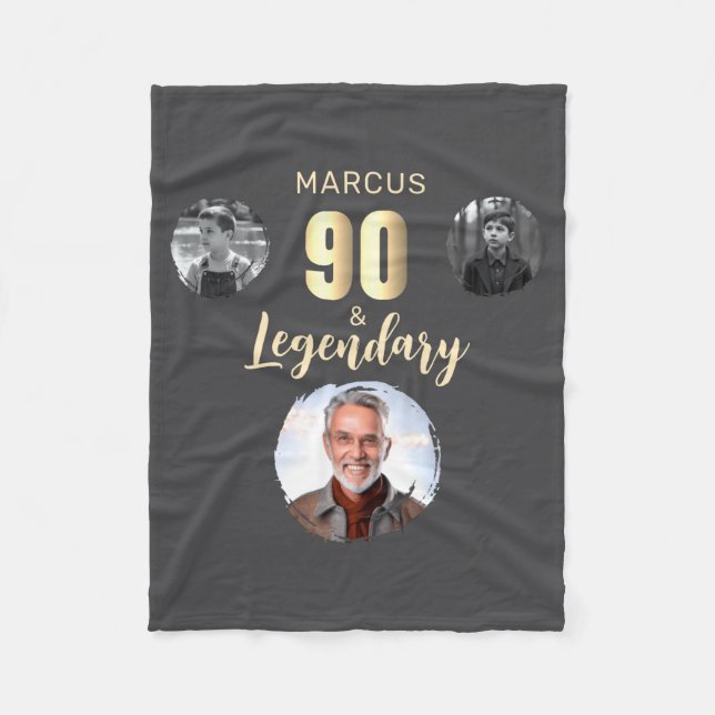 90 Legendary 3 Photos Gold 90th Birthday  Fleece Blanket (Front)