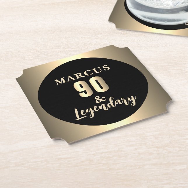 90 & Legendary Gold 90th Birthday Party Paper Coaster (Angled)