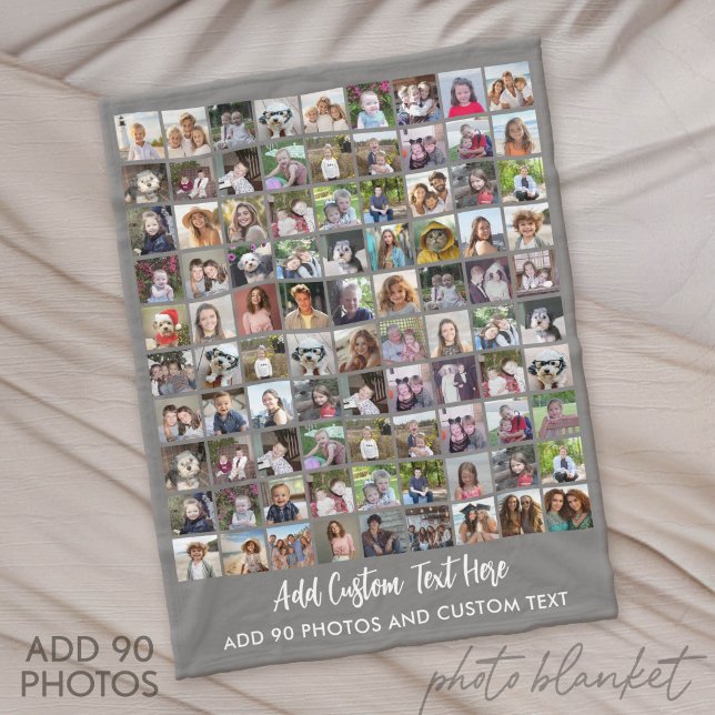 90 Photo Collage Grid with Text - grey Fleece Blanket (Custom Fleece Blanket with Photo Collage)