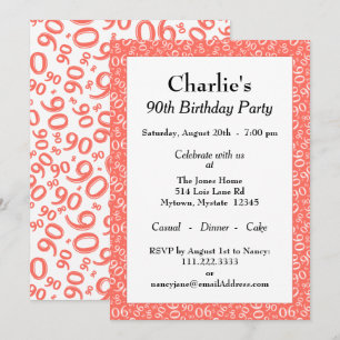 90 Random Number Pattern Coral/White 90th Invitation