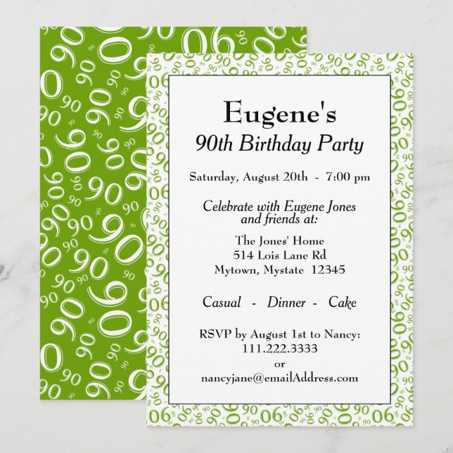 90 Random Number Pattern Green/White 90th Invitation (Front/Back)