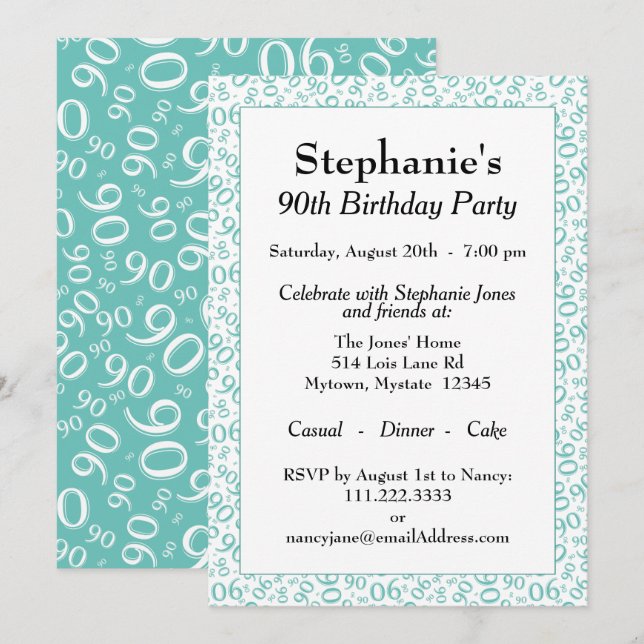 90 Random Number Pattern Teal/White 90th Invitation (Front/Back)