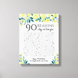 90 reasons why we love you birthday gift yellow canvas print
