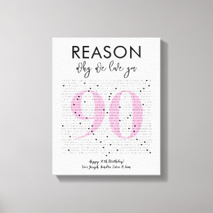 90 reasons why we love you birthday gift yellow canvas print