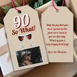 90 So what Funny Quote Red Wine 90th Birthday Gift Tags<br><div class="desc">90 So what Funny Quote Red Wine 90th Birthday Gift Tags. The design has two red wine glasses, age number and a custom photo - add your photo. Text 90 So what is motivational, positive and funny, and is perfect for a person with a sense of humour. You can change...</div>