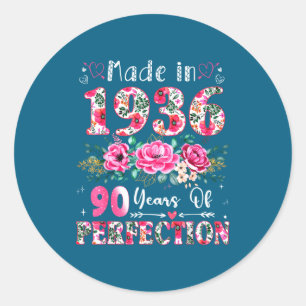90 Year Old Made In 1936 Floral 90th Birthday Wome Classic Round Sticker