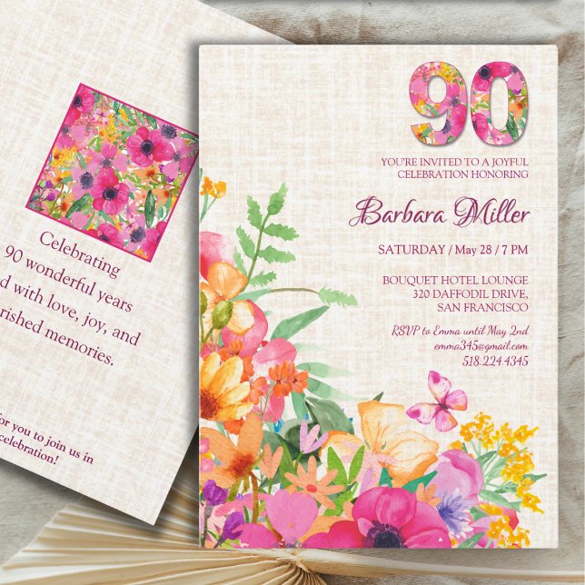 90 Years Flower Birthday, Linen 90th for Grandma Invitation (Creator Uploaded)