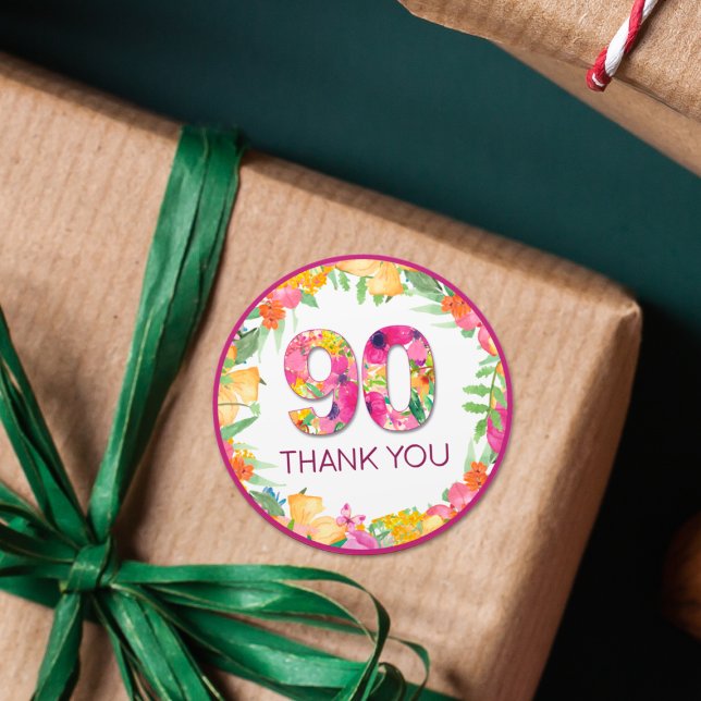 90 Years Flowers Butterfly 90th Birthday Thank You Classic Round Sticker (Creator Uploaded)