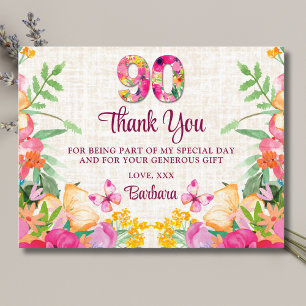 90 Years Flowers - Butterfly Linen 90th Birthday Thank You Card