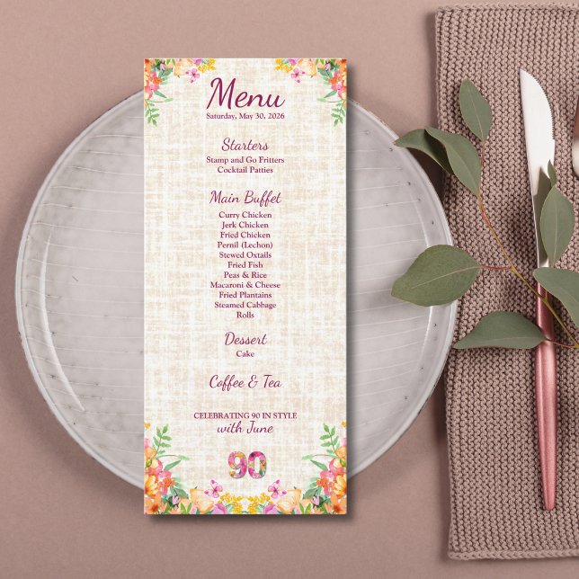 90 Years Flowers Floral 90th Birthday Linen Menu (Creator Uploaded)