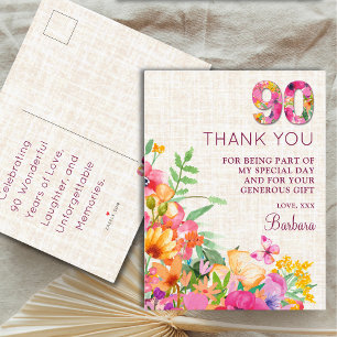 90 Years Flowers Linen 90th Birthday Thank You Announcement Postcard
