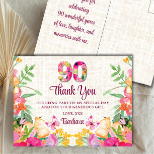 90 Years Flowers Linen 90th Birthday Thank You Postcard