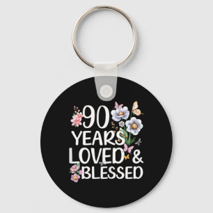 90 Years Loved And Blessed Floral 90th Birthday Key Ring