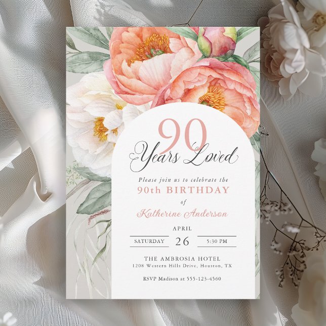 90 Years Loved Feminine Floral 90th Birthday Invitation (Available in both printed and instant download digital formats.)