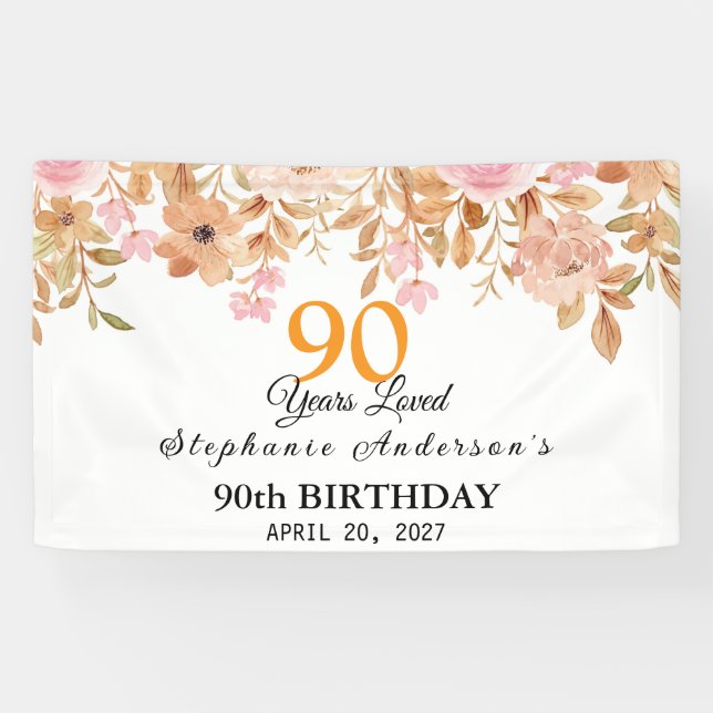 90 Years Loved Peach Floral 90th Banner (Horizontal)