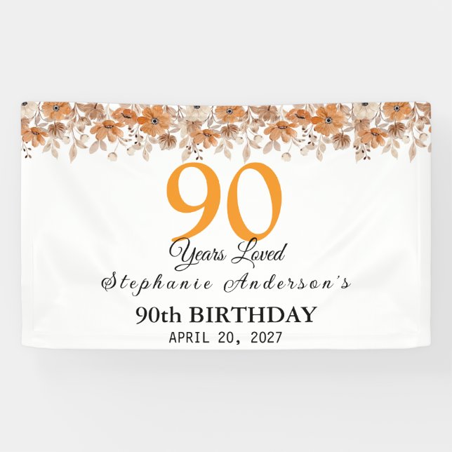 90 Years Loved Peach Floral 90th Banner (Horizontal)