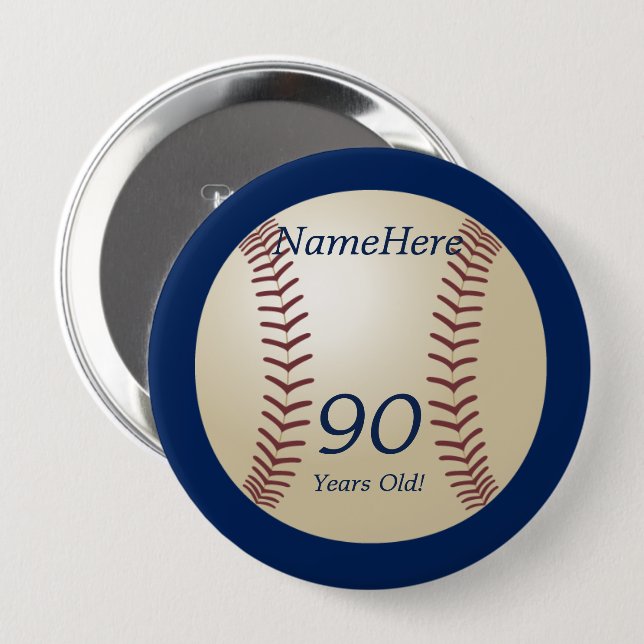 90 Years Old, Baseball on Blue Button Pin (Front & Back)