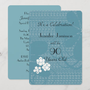 90 Years Old Blue Floral Birthday Party Invitation