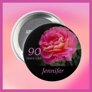90 Years Old, Name, Floral Pink Rose Button Pin