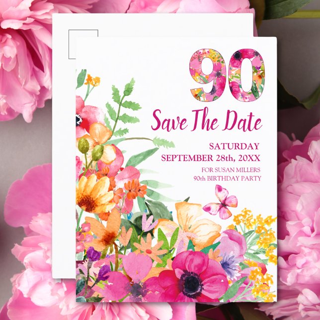 90 years save date flowers 90th birthday postcard (Creator Uploaded)