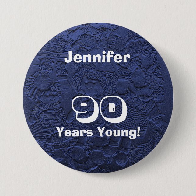 90 Years Young Dark Blue Dolls Pin Birthday Gift (Front)