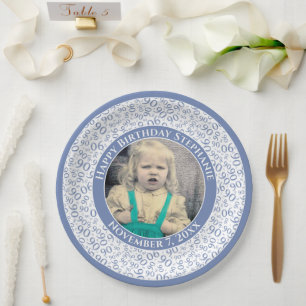 90 Your Photo Random Number Pattern Blue/White Paper Plate