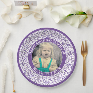  90 Your Photo Random Number Pattern Purple/White Paper Plate