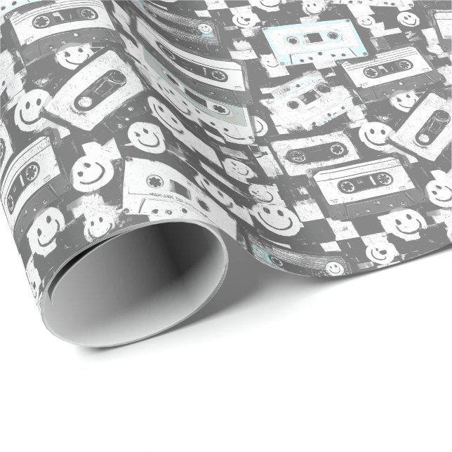 90s Cassette & Smiley Wrapping Paper - Monochrome (Roll Corner)