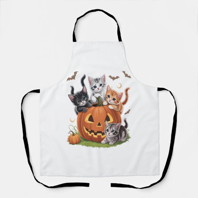 90s Cat Pumpkin Halloween Floral Spooky Season Apron (Front)