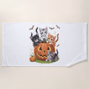 90s Cat Pumpkin Halloween Floral Spooky Season Beach Towel