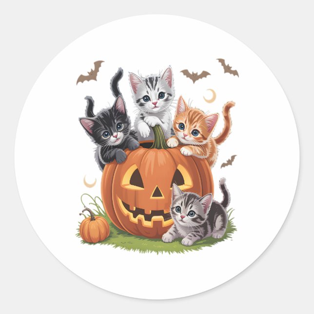 90s Cat Pumpkin Halloween Floral Spooky Season Classic Round Sticker (Front)