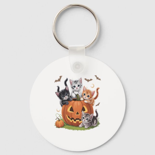 90s Cat Pumpkin Halloween Floral Spooky Season Key Ring (Front)