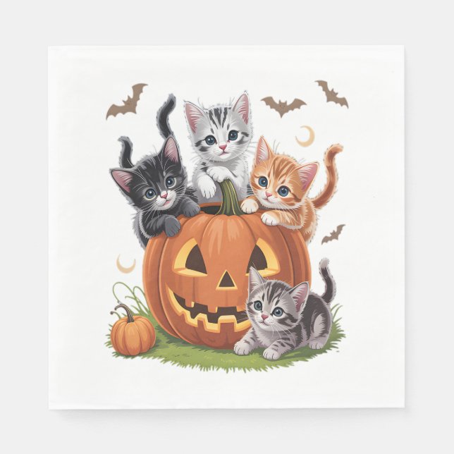 90s Cat Pumpkin Halloween Floral Spooky Season Napkin (Front)