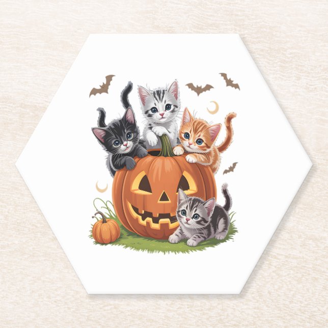 90s Cat Pumpkin Halloween Floral Spooky Season Paper Coaster (Front)