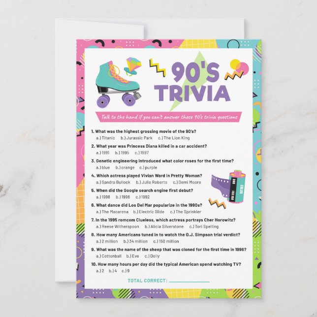 90s Decade Trivia Party Game Invitation (Front)