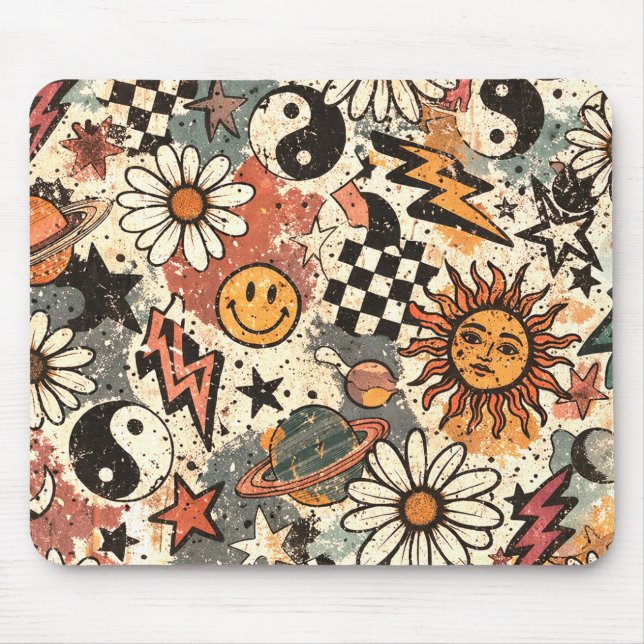 90s Happy Faces Sun Flowers Pattern Mouse Mat (Front)