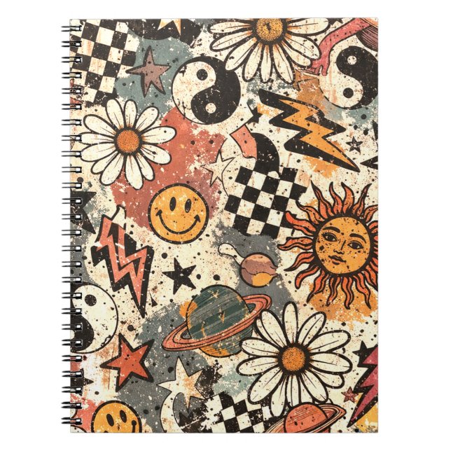 90s Happy Faces Sun Flowers Pattern Notebook (Front)