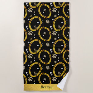  90's Hip Hop Rap Music Gold Cuban Link Chain Beach Towel