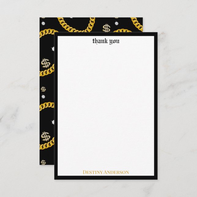  90's Hip Hop Rap Music Gold Cuban Link Chain Thank You Card (Front/Back)