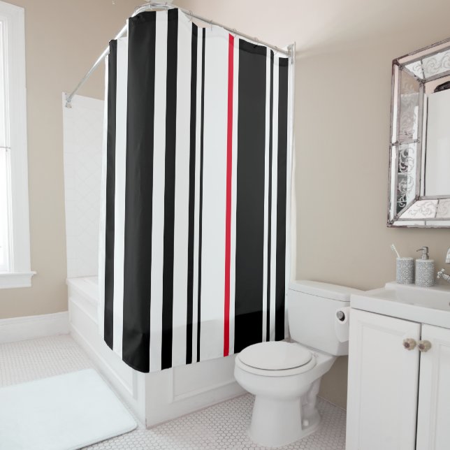 90s Inspired Black Stripe with Red Accent Modern Shower Curtain (In Situ)
