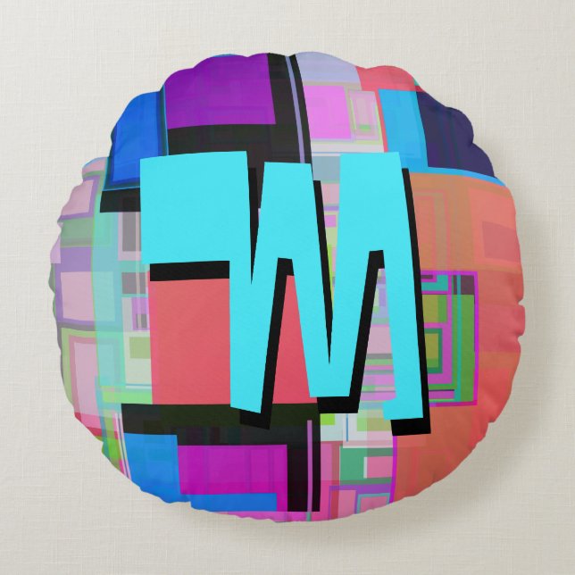 90s Inspired Colourful Geometric Monogram Round Cushion (Front)